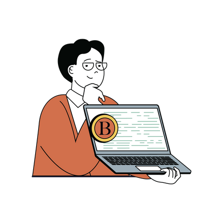 Hombre trabajando en bitcoin  Ilustración