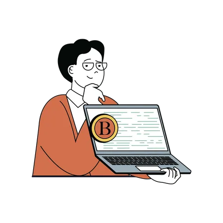 Hombre trabajando en bitcoin  Ilustración