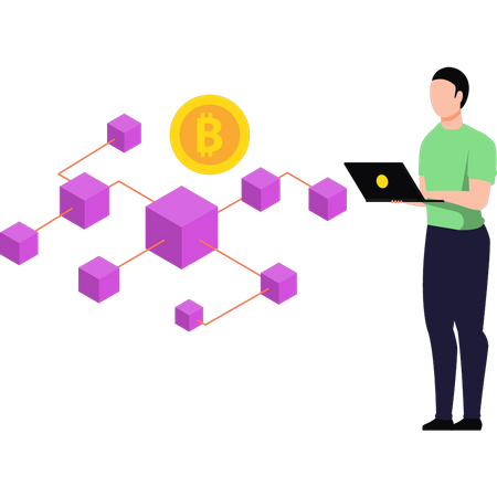 Hombre trabajando en blockchain de Bitcoin  Ilustración