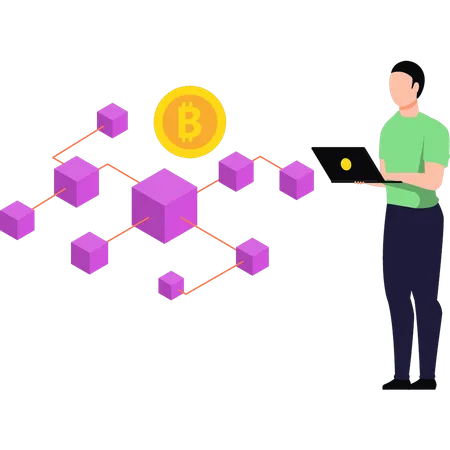 Hombre trabajando en blockchain de Bitcoin  Ilustración