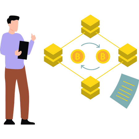 Hombre trabajando en blockchain  Ilustración