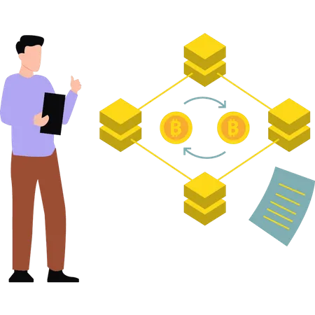 Hombre trabajando en blockchain  Ilustración