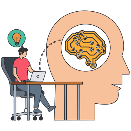 Hombre trabajando en un cerebro con inteligencia artificial  Ilustración