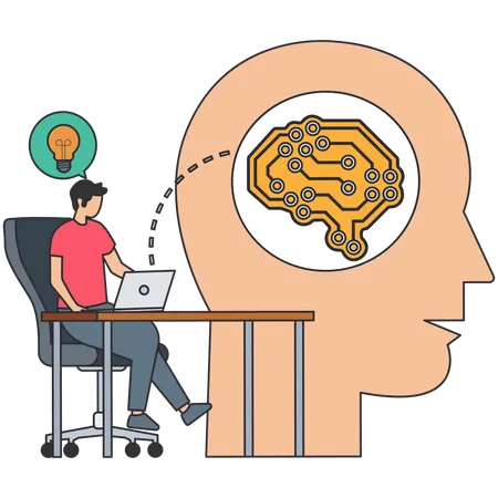 Hombre trabajando en un cerebro con inteligencia artificial  Ilustración