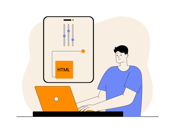 Hombre trabajando en codificación html  Ilustración