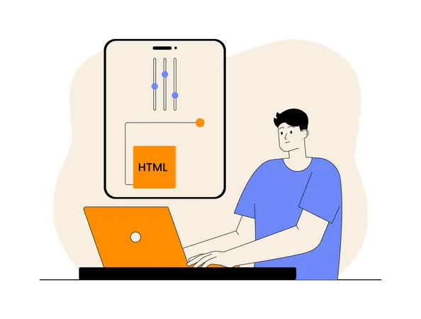 Hombre trabajando en codificación html  Ilustración