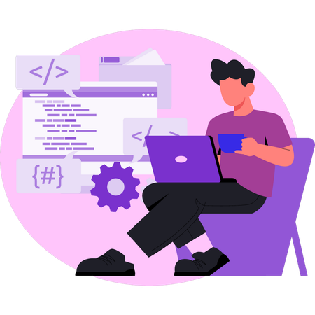 Hombre trabajando en codificación web en una computadora portátil  Ilustración