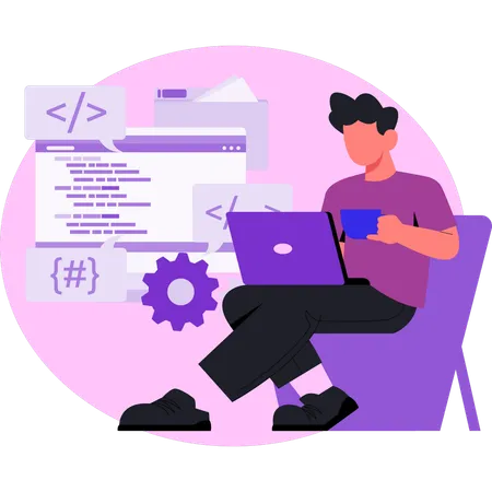 Hombre trabajando en codificación web en una computadora portátil  Ilustración