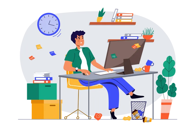 Hombre trabajando en la computadora  Ilustración