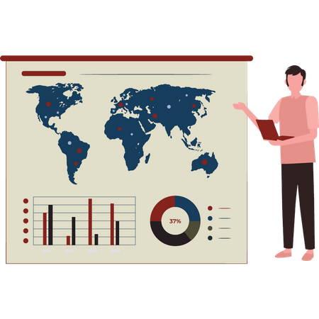 Hombre trabajando en datos comerciales globales  Ilustración