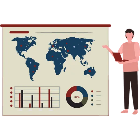 Hombre trabajando en datos comerciales globales  Ilustración