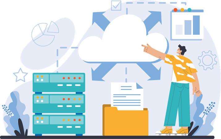 Hombre trabajando en datos del servidor  Ilustración