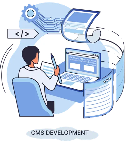 Hombre trabajando en el desarrollo de CMS  Ilustración