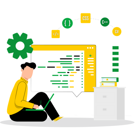 Hombre trabajando en el desarrollo de sitios web mientras está sentado en el suelo  Ilustración