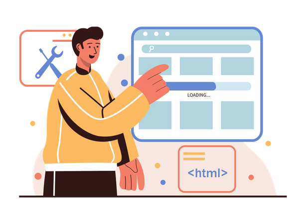 Hombre trabajando en el desarrollo HTML  Ilustración