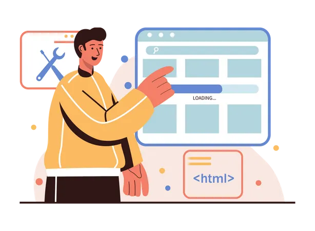 Hombre trabajando en el desarrollo HTML  Ilustración