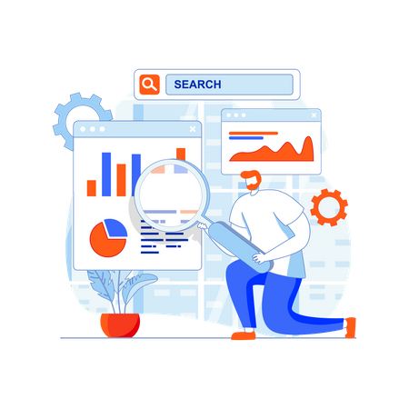 Hombre trabajando en desarrollo SEO  Ilustración