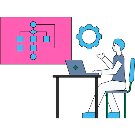 Hombre trabajando en diagrama de flujo  Ilustración