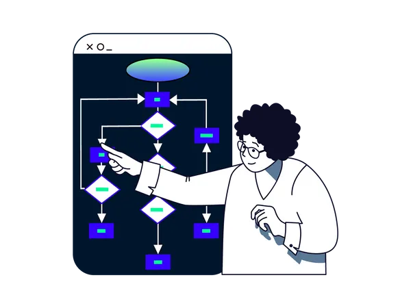 Hombre trabajando en diagrama de flujo de datos  Ilustración