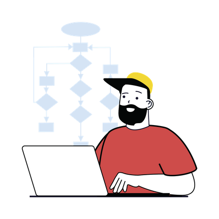 Hombre trabajando en el diagrama de proceso  Ilustración