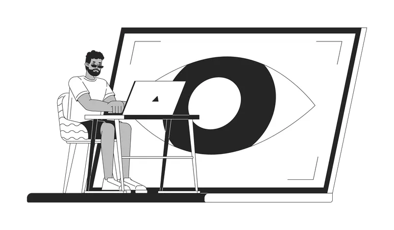 Hombre trabajando en el control ocular en una computadora portátil  Ilustración