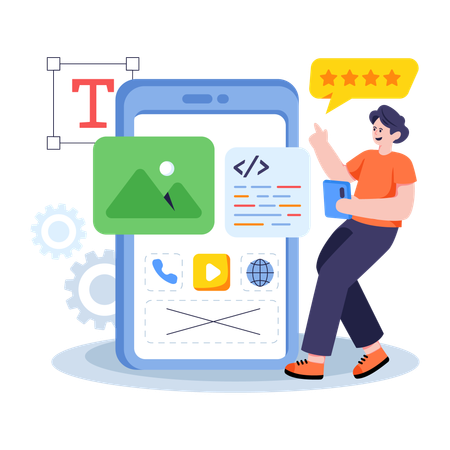 Hombre trabajando en el desarrollo de aplicaciones  Ilustración