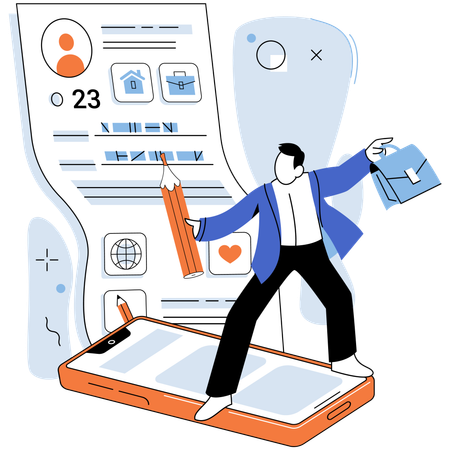 Hombre trabajando en el desarrollo de su perfil personal  Ilustración