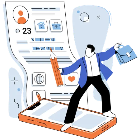Hombre trabajando en el desarrollo de su perfil personal  Ilustración