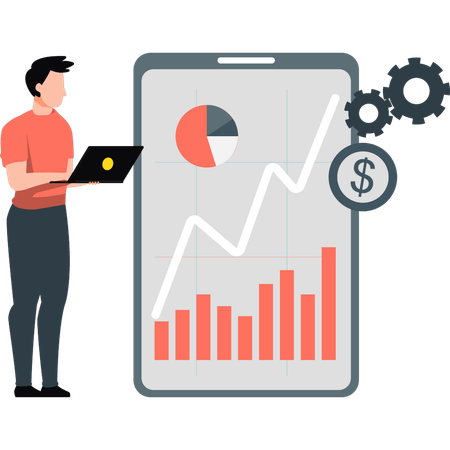 Hombre trabajando en el desarrollo de un gráfico de ganancias  Ilustración