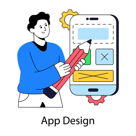 Hombre trabajando en el diseño de aplicaciones  Ilustración