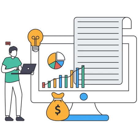 Hombre trabajando en el gráfico de crecimiento en línea  Ilustración