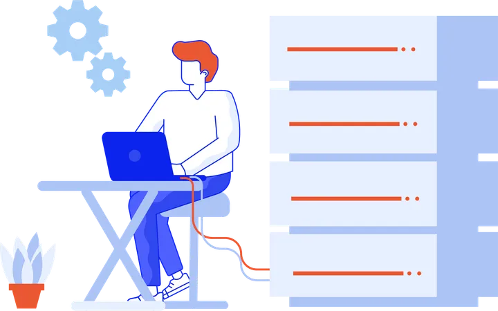 Hombre trabajando en el mantenimiento del servidor  Ilustración