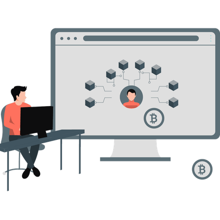 Hombre trabajando en el procesamiento de datos en red  Ilustración