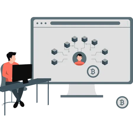 Hombre trabajando en el procesamiento de datos en red  Ilustración