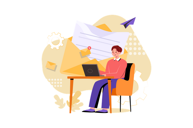 Hombre trabajando en marketing por correo electrónico  Ilustración