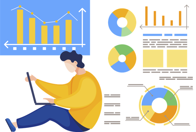 Hombre trabajando en gráficos y diagramas de datos  Ilustración