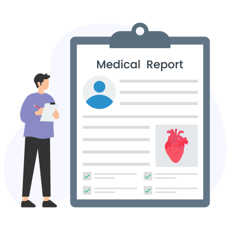 Hombre trabajando en el informe médico de un paciente  Illustration