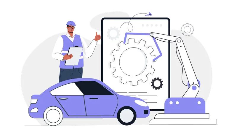 Hombre trabajando en la automatización del coche  Ilustración