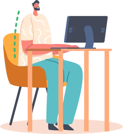 Hombre trabajando en computadora con posición sentada correcta  Ilustración