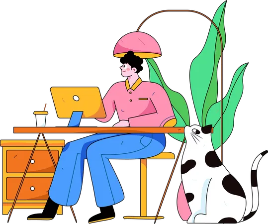 Hombre trabajando en la computadora en casa  Ilustración