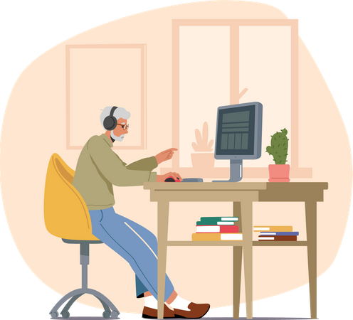 Hombre trabajando en computadora en la oficina  Ilustración