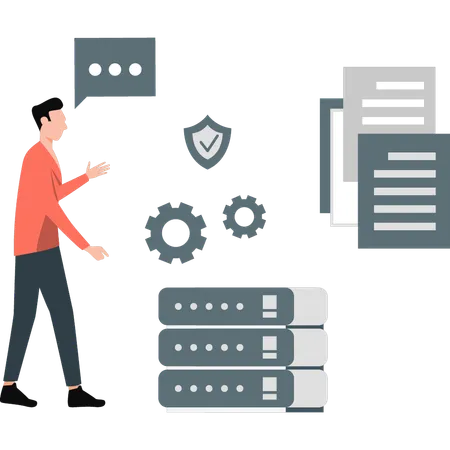 Hombre trabajando en la configuración de la contraseña de la base de datos  Ilustración