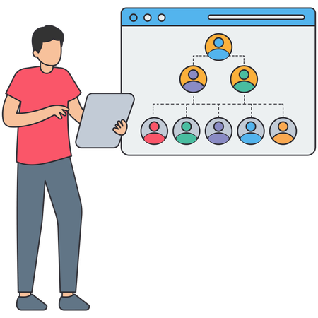 Hombre trabajando en la estructura organizacional  Ilustración