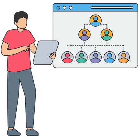 Hombre trabajando en la estructura organizacional  Ilustración