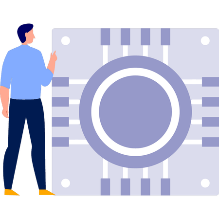 Hombre trabajando en la fabricación de microchips  Ilustración