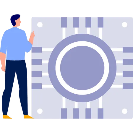 Hombre trabajando en la fabricación de microchips  Ilustración