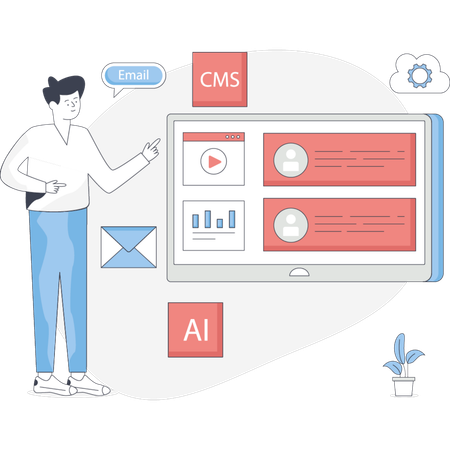 Hombre trabajando en la gestión de contenidos  Ilustración