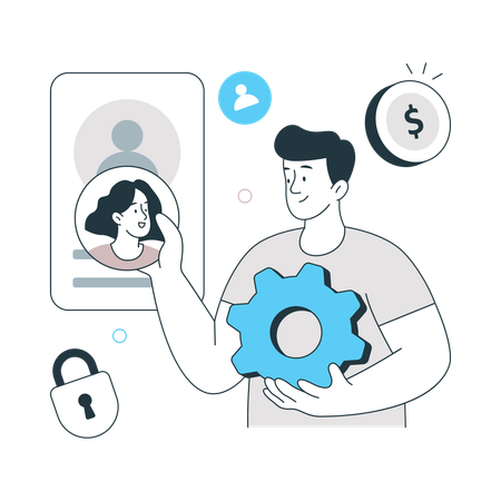 Hombre trabajando en la gestión de datos de clientes  Ilustración