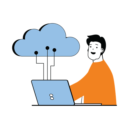Hombre trabajando en la nube  Ilustración