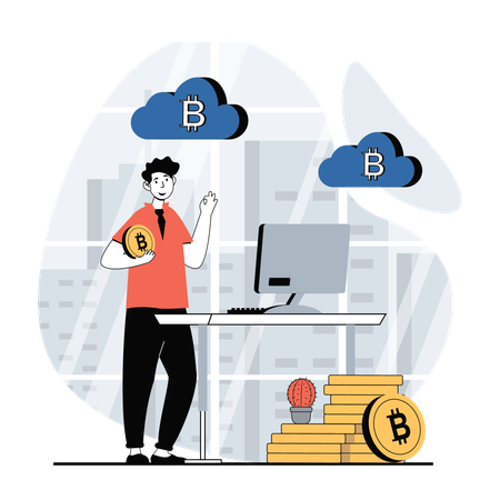 Hombre trabajando en la nube bitcoin  Ilustración